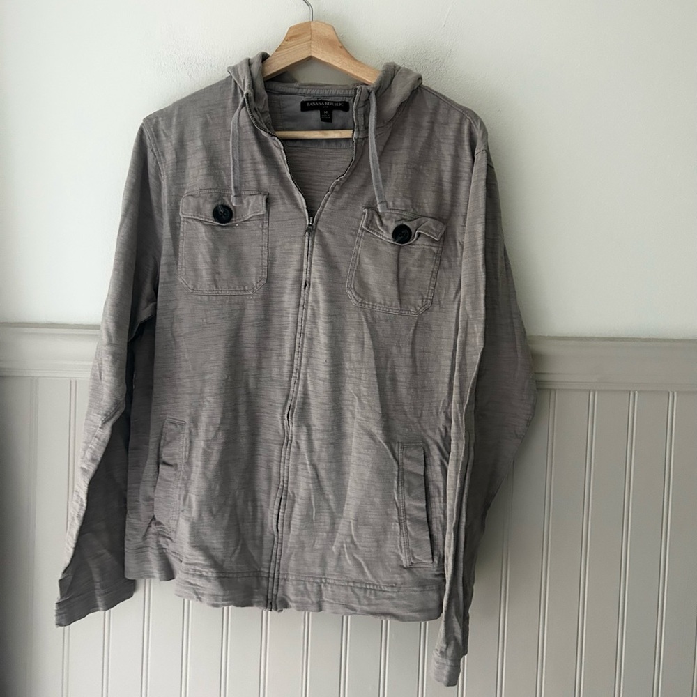 Y2K Banana Republic Men's Medium Zip Up Light Gray Tan Hooded Jacket